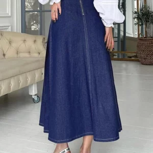 Clacive Vintage High Waist Blue Denim Skirt - Elegant Women's Long Slit Skirt