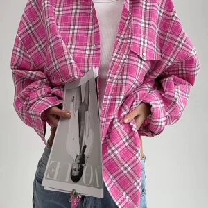 Clacive Vintage Pink Plaid Women's Blouse - Elegant Lapel Shirt