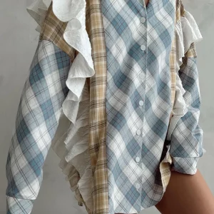 Clacive Vintage Plaid Women's Shirt | Elegant Ruffle Blouse