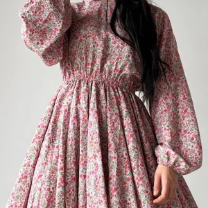 Clacive Vintage Print Women's Dress 2024 | Elegant O-Neck Puff Sleeve Mini Dress