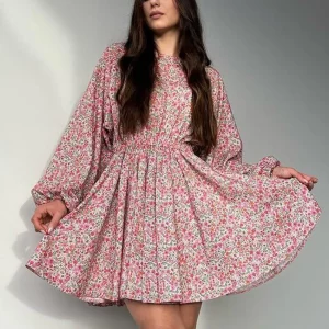 Clacive Vintage Print Women's Dress 2024 | Elegant O-Neck Puff Sleeve Mini Dress