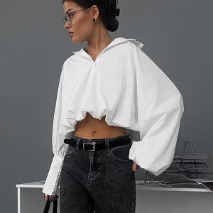 Clacive White Cotton Women's Crop Shirt | Elegant Lantern Sleeve Top