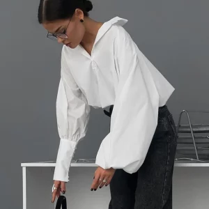 Clacive White Cotton Women's Crop Shirt | Elegant Lantern Sleeve Top