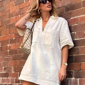 Clacive White Cotton Women's Summer Dress - 2024 Elegant Lapel Mini Dress