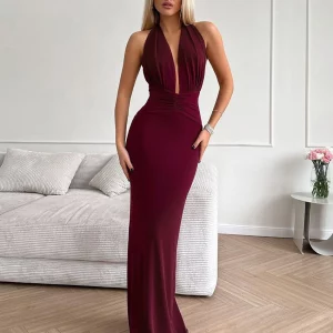 Clacive Wine Red Knitted Halter Dress for Women