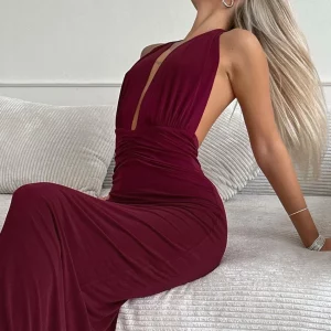 Clacive Wine Red Knitted Halter Dress for Women