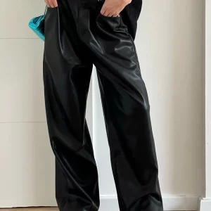 Clacive Women's Black PU Leather Straight Pants - Elegant Mid Waist Casual Trousers