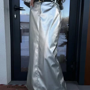 Clacive Women's Silver PU Leather Bodycon Skirt - 2024 Fashion High Waist Long Elegant Solid Skirt