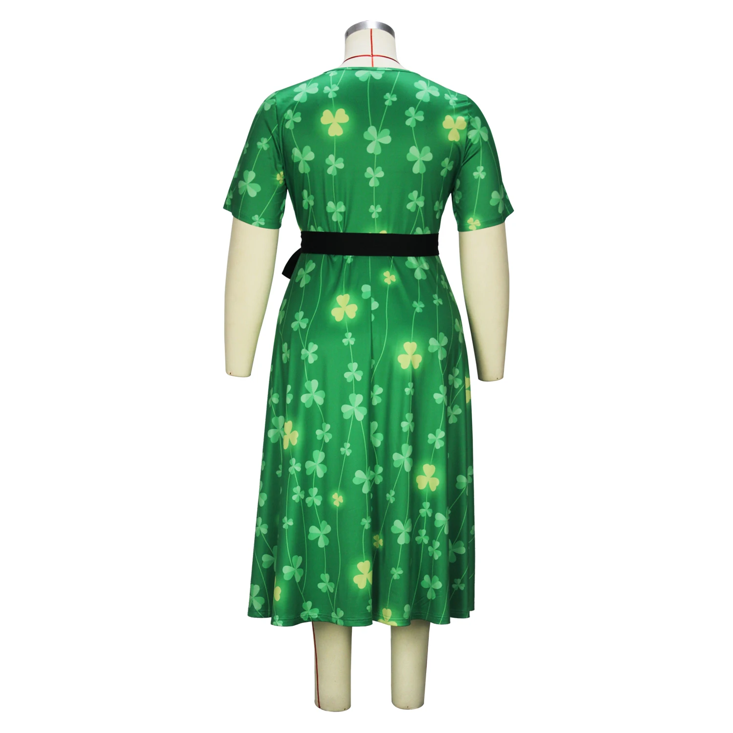 Clover Print Belted Dress, Plus Size Casual Crew Neck Short Sleeve Women's Clothing