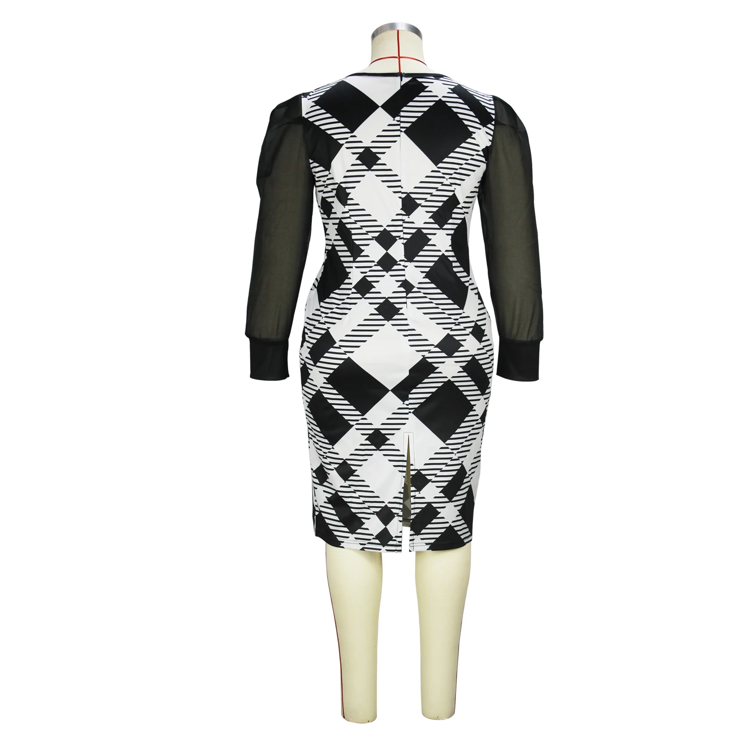 Colorblock Plaid Print Bodycon Dress with Mesh Detail