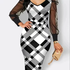 Colorblock Plaid Print Bodycon Dress with Mesh Detail