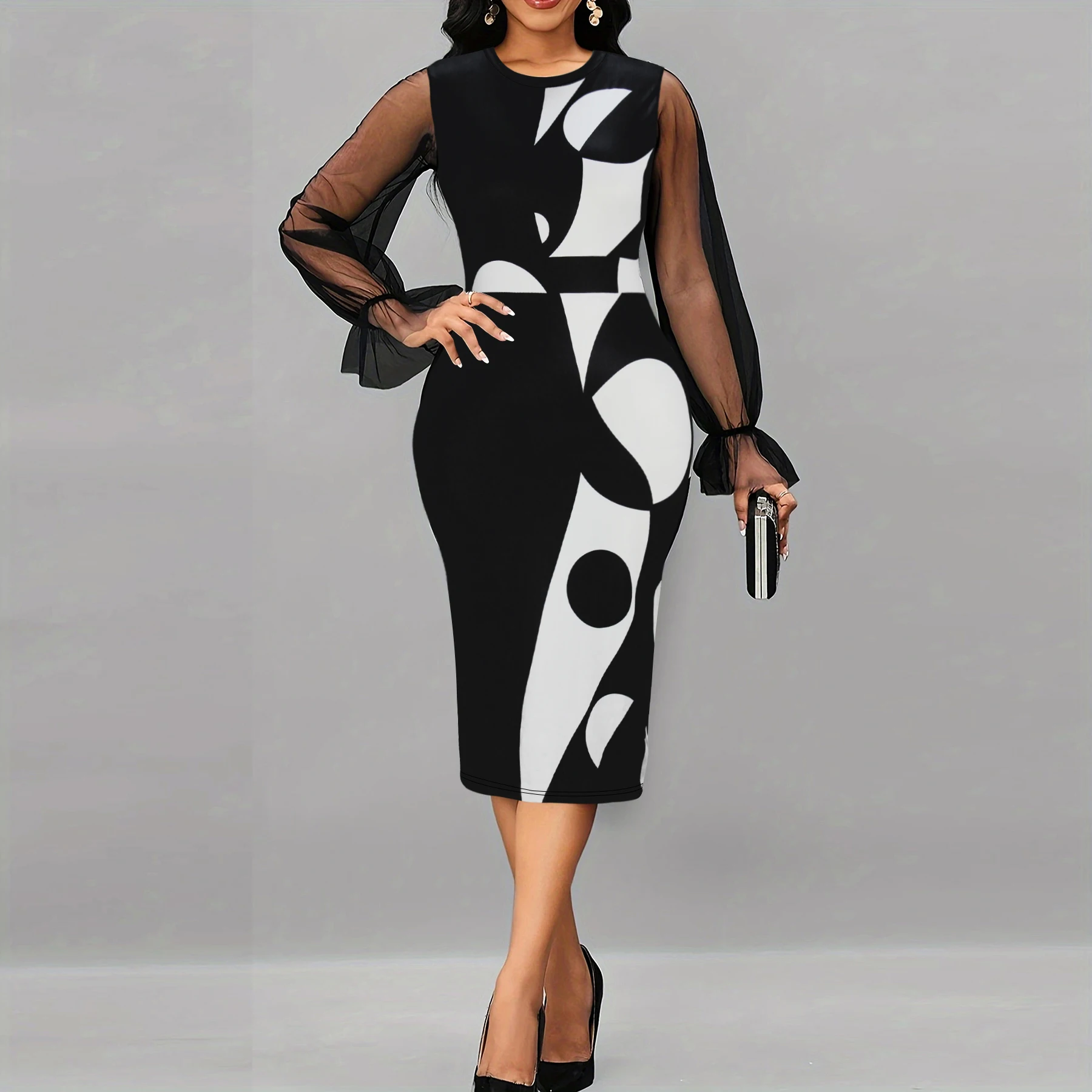 Colorblock Print Plus Size Dress with Mesh Stitching