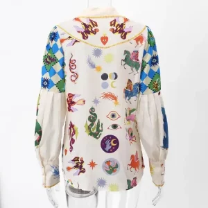 Colorful Cartoon Animals Print Women's Spring Shirt - 2024 Fashionable Long Sleeve Lapel Top