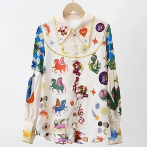 Colorful Cartoon Animals Print Women's Spring Shirt - 2024 Fashionable Long Sleeve Lapel Top