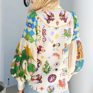 Colorful Cartoon Animals Print Women's Spring Shirt - 2024 Fashionable Long Sleeve Lapel Top