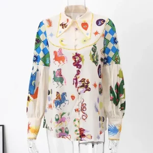 Colorful Cartoon Animals Print Women's Spring Shirt - 2024 Fashionable Long Sleeve Lapel Top