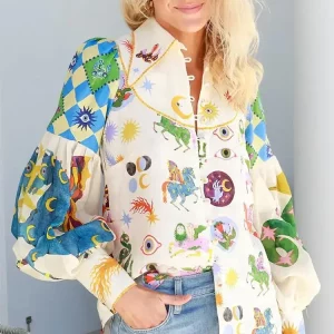 Colorful Cartoon Animals Print Women's Spring Shirt - 2024 Fashionable Long Sleeve Lapel Top