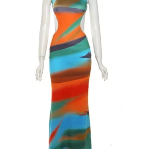 Colorful Gradient Print Maxi Dress Women Sexy O-Neck Sleeveless Body-Shaping Robe for Party Clubwear