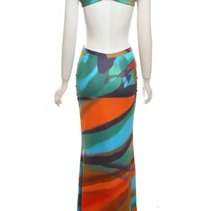 Colorful Gradient Print Maxi Dress Women Sexy O-Neck Sleeveless Body-Shaping Robe for Party Clubwear