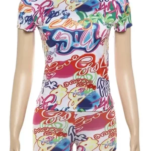 Colorful Print 2-Piece Women's Casual Set: O-Neck Short Sleeve T-Shirt & High Waist Tight Shorts