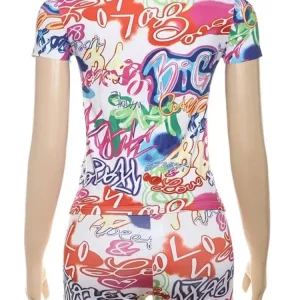 Colorful Print 2-Piece Women's Casual Set: O-Neck Short Sleeve T-Shirt & High Waist Tight Shorts