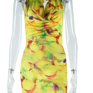 Colorful Print Halter Lace-Up Mini Dress Women V-Neck Backless Body-Shaping Robe - 2024