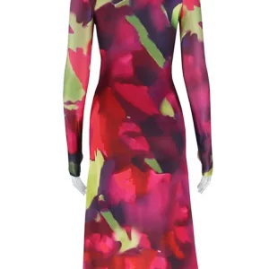 Colorful Print Irregular Midi Dress V-Neck Long Sleeve Bodycon Dress