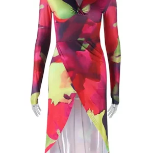 Colorful Print Irregular Midi Dress V-Neck Long Sleeve Bodycon Dress