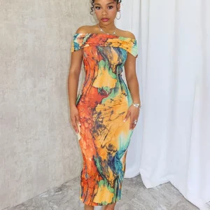 Colorful Print Off Shoulder Maxi Dress - Women's Sexy Backless Wrap Chest Robe for Summer Holiday