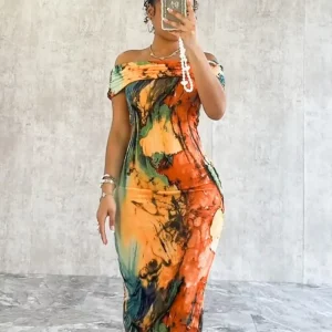 Colorful Print Off Shoulder Maxi Dress - Women's Sexy Backless Wrap Chest Robe for Summer Holiday