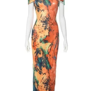 Colorful Print Off Shoulder Maxi Dress - Women's Sexy Backless Wrap Chest Robe for Summer Holiday