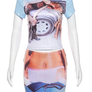 Colorful Printed 2-Piece Women's Summer Set: Hipster Tee & High Waist Skirt