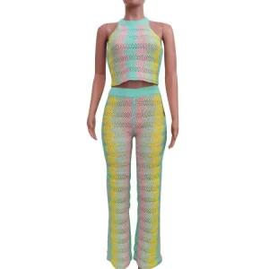 Colorful Striped 2-Piece Set: Crop Tank & Flare Pants