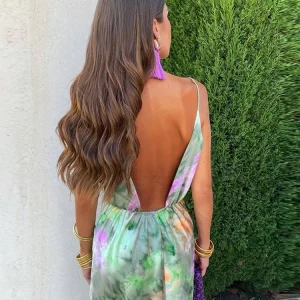 Colorful Tie-Dye Sling Dress | Elegant Sleeveless Women's Dress | High Waist Summer Robe | 2024