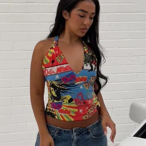 Colorful Trend Print Halter Neck Crop Top for Women - Beach Vacation Street Style