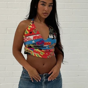 Colorful Trend Print Halter Neck Crop Top for Women - Beach Vacation Street Style