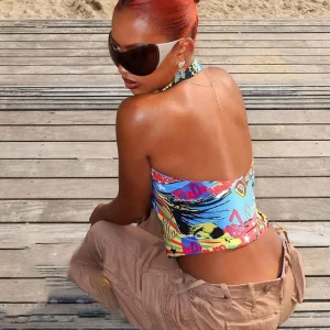 Colorful Trend Print Halter Neck Crop Top for Women - Beach Vacation Street Style