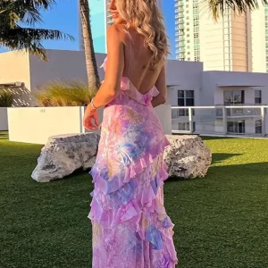 Colorful V-Neck Ruffles Dress for Women | Summer Sleeveless Beach Fashion | Female Holiday Vestidos