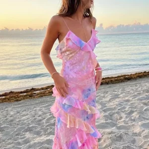 Colorful V-Neck Ruffles Dress for Women | Summer Sleeveless Beach Fashion | Female Holiday Vestidos