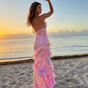 Colorful V-Neck Ruffles Dress for Women | Summer Sleeveless Beach Fashion | Female Holiday Vestidos