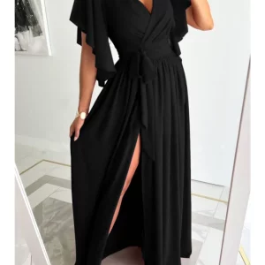 Commuter Flare Sleeve Split Dress - New Fashion V-Neck