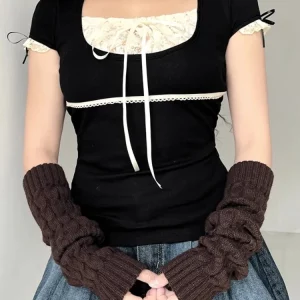 Coquette Lace Crop T-Shirt - Sweet Girl Bow Aesthetic Top, Japanese Y2K Style,