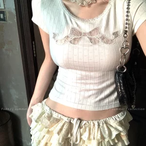 Coquette Lace Crop T-Shirt - Sweet White Bow Hollow Tee, Korean Fashion Summer Top