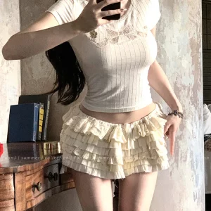 Coquette Lace Crop T-Shirt - Sweet White Bow Hollow Tee, Korean Fashion Summer Top