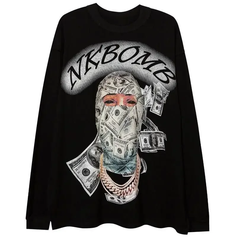 Cotton Loose Fit Portrait Print Long Sleeve Tee for Men