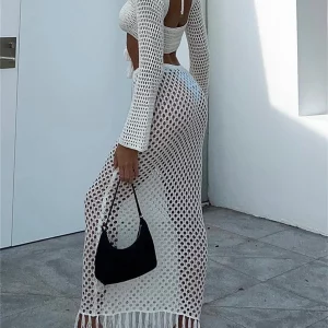 Crochet Knit 2-Piece Beach Set: Lace-up Crop Top & Long Skirt