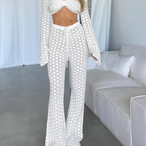 Crochet Knit Two-Piece Set: Hollow Out Top & High Waist Pants