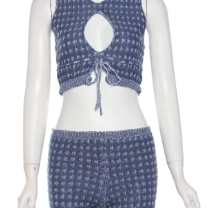 Crochet Summer 2-Piece Set: Hipster Crop Tank Top with Matching Elastic Shorts for Women