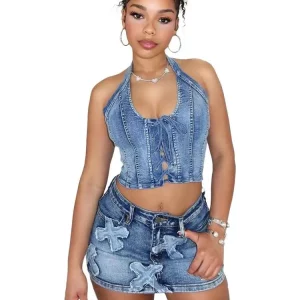 Cross Embroidery Denim 2-Piece Set Women's Sexy Halter Top and Mini Skirt - 2024