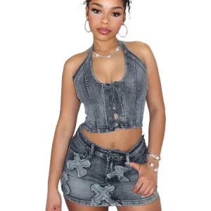 Cross Embroidery Denim 2-Piece Set Women's Sexy Halter Top and Mini Skirt - 2024